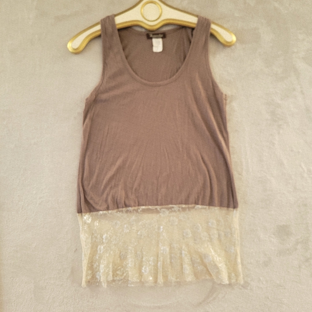 Vintage Y2K Brown Scoop Neck Babydoll Top Cream Floral Lace Hem
